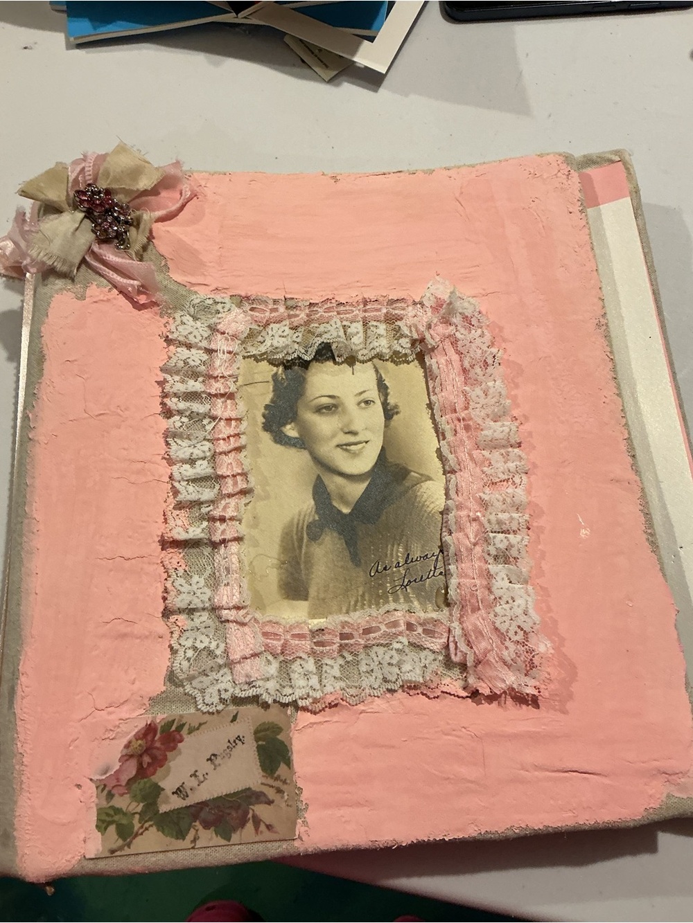 Handmade Pink Lace journal with vintage shabby chic design by Lyrian Diaz